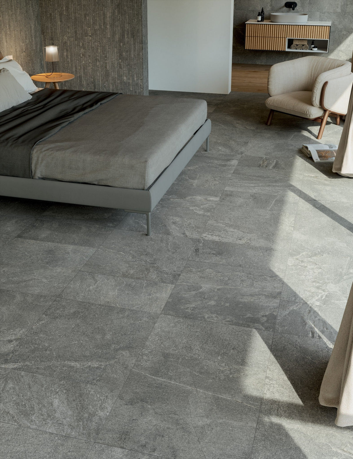 Ardenstone Charcoal porcelain tiles in a contemporary bedroom interior