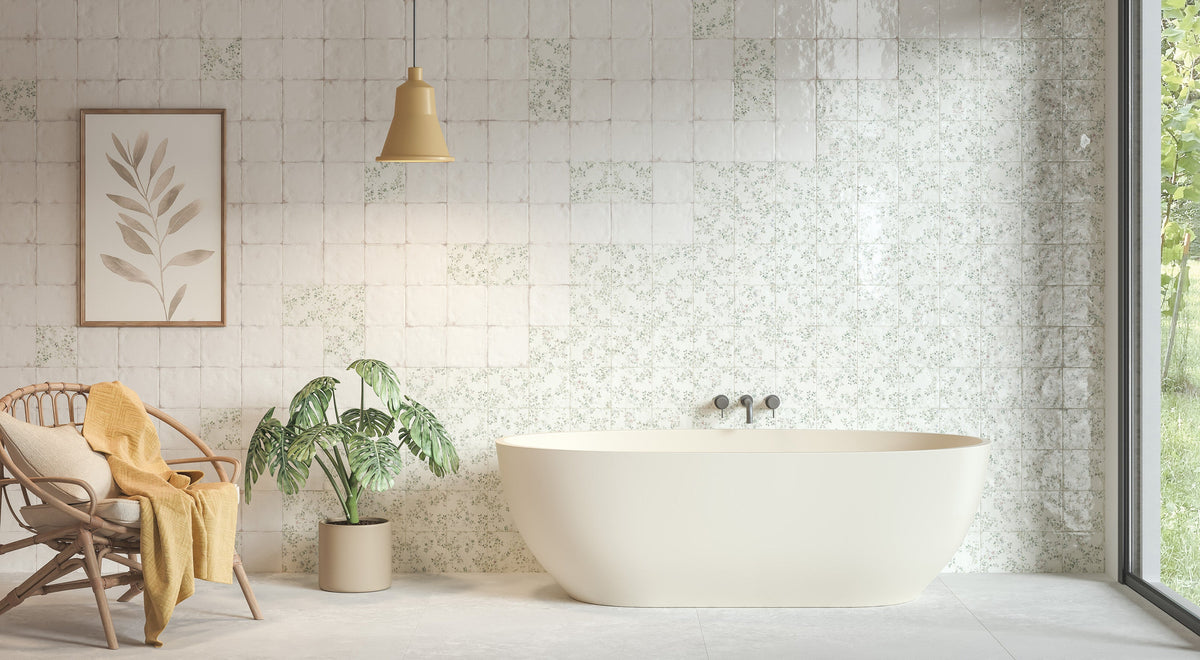 Jasmine Elderflower tile in a bathroom