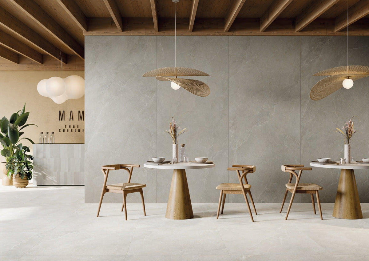 Milan porcelain tile collection in a contemporary hospitality interior
