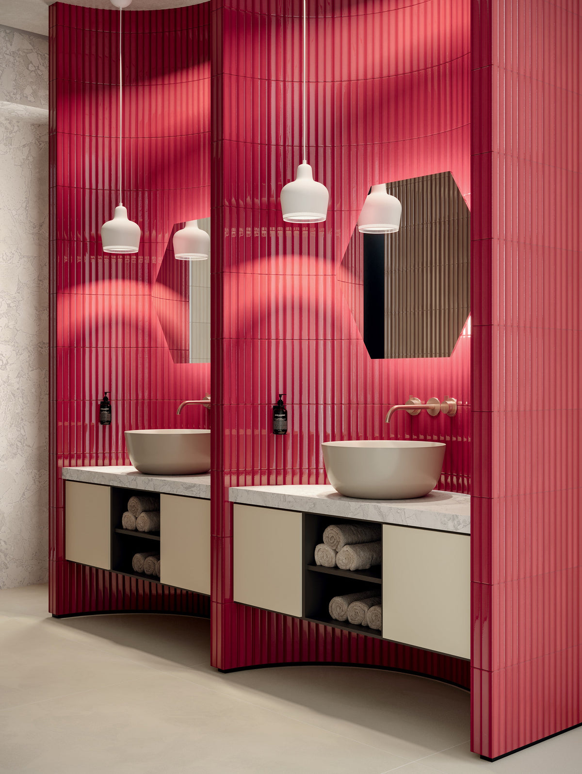 Reuben Solan fluted tile in a bathroom