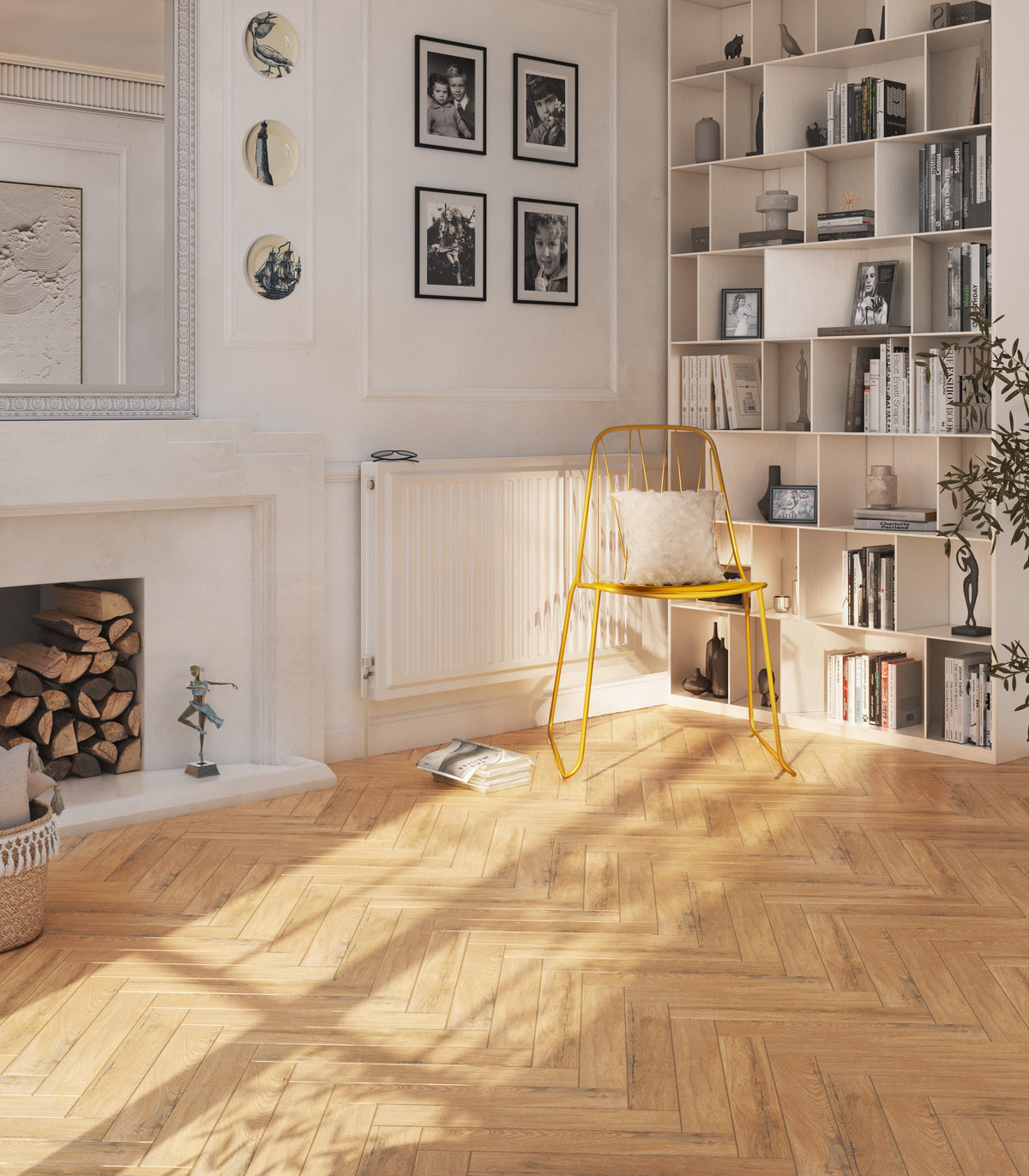 Twine Pecan wood-effect porcelain in a bright living room