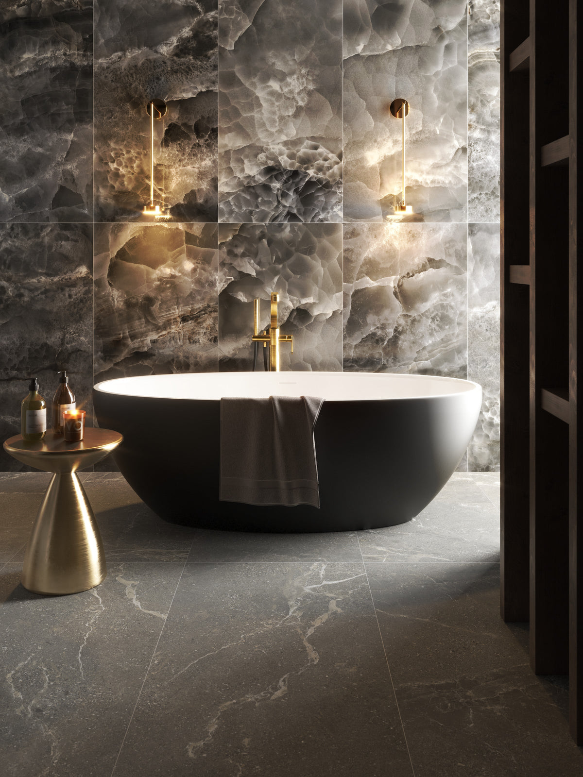 Vinci Coal stone-effect porcelain in a bathroom