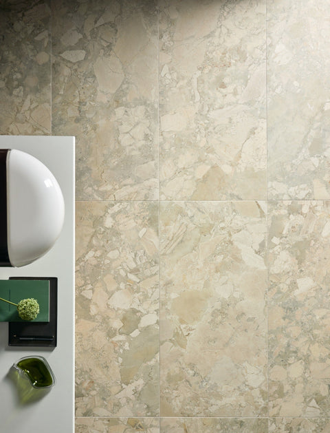 Alice Olive porcelain tile detail with warm sage and mineral tones