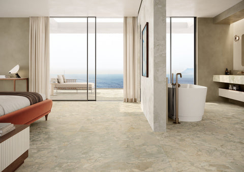 Alice Olive porcelain tiles in a contemporary hotel-style suite