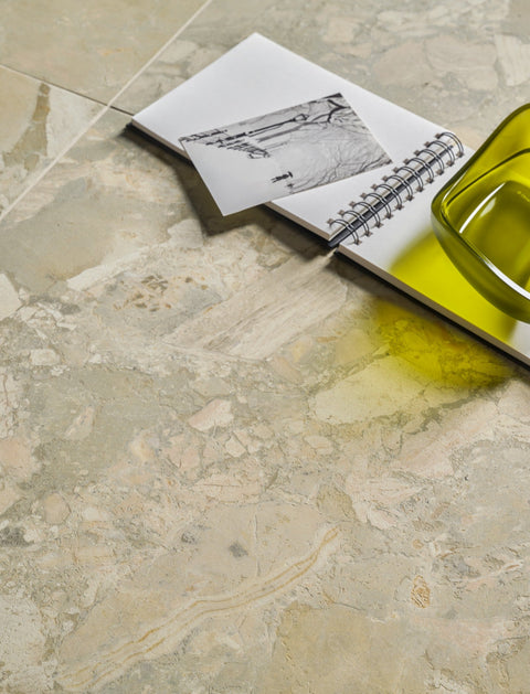 Alice Olive porcelain tile detail in a contemporary suite