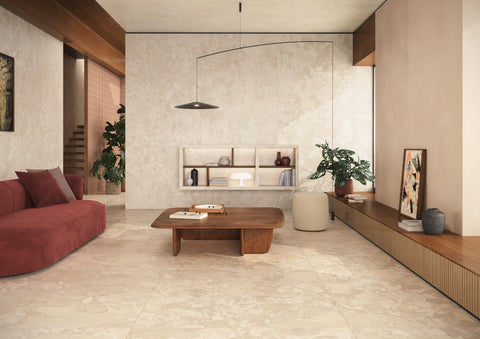 Alice Toasted porcelain tiles in a warm contemporary living room