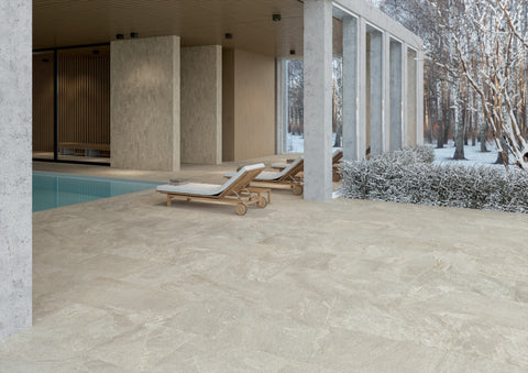 Ardenstone Ashfield porcelain tiles in a contemporary covered pool setting