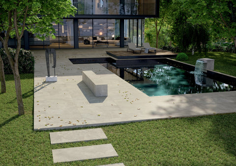 Ardenstone Ashfield porcelain tiles used around a contemporary outdoor pool terrace