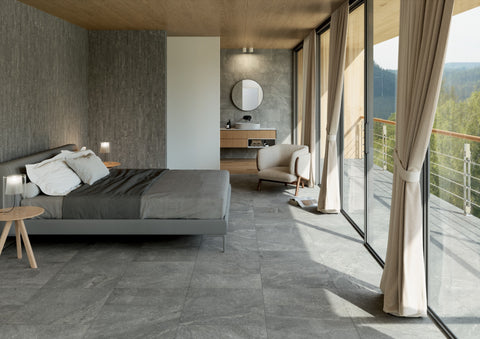 Ardenstone Charcoal porcelain tiles in a contemporary bedroom
