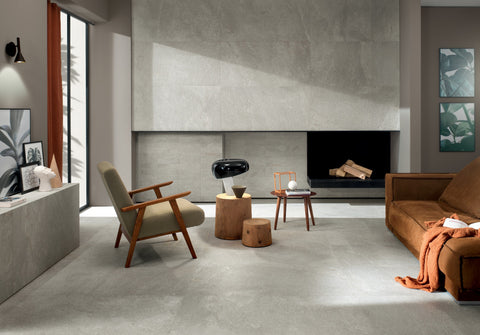 Ardenstone Moonstone porcelain tiles in a contemporary fireplace setting
