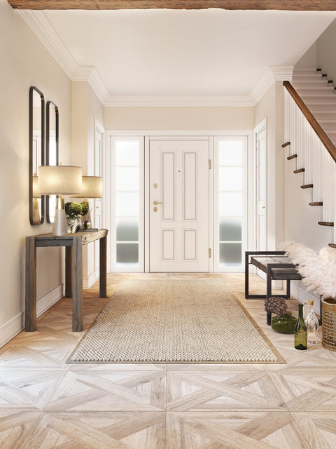 Ashmore Drift parquet-effect porcelain tiles in a light entrance hallway