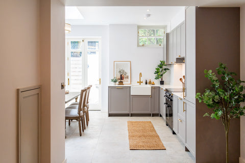 Baverstock Buff limestone-effect porcelain tiles in a contemporary kitchen