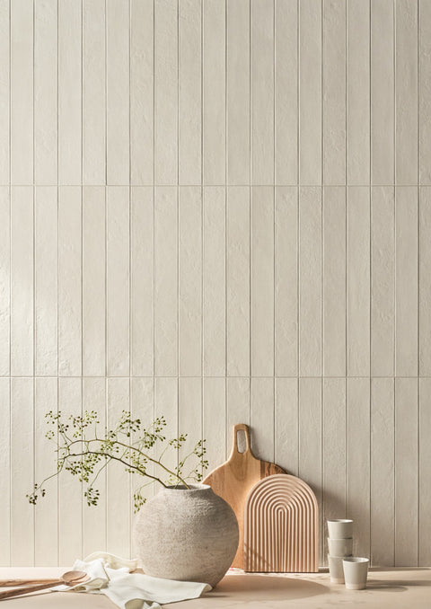 Claywash Mist elongated tiles in a warm neutral interior