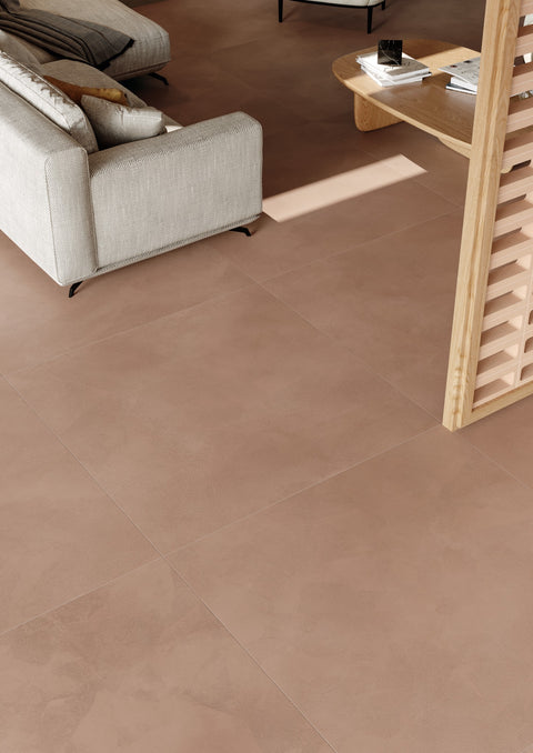 Claywash Terrene warm terracotta tiles in a contemporary living interior