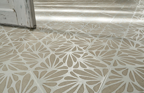 Craft Stoneclay Leaf in situ hover — bathroom floor close-up