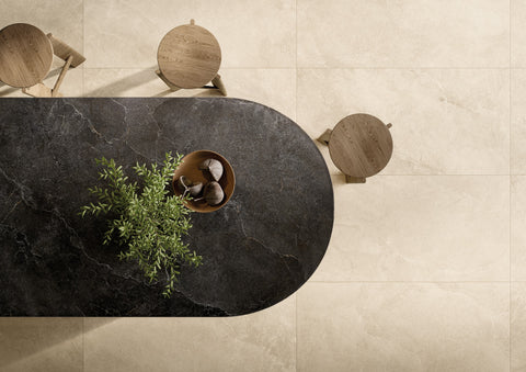 Milan Brera warm beige porcelain tiles in a dining setting