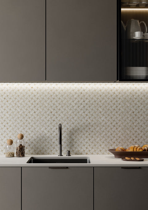 Milan Navigli mosaic porcelain tiles used as a kitchen splashback