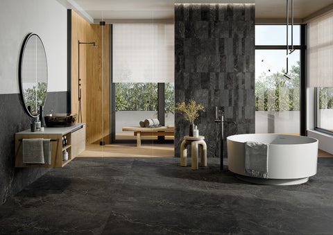 Milan Scala charcoal porcelain tiles in a contemporary bathroom
