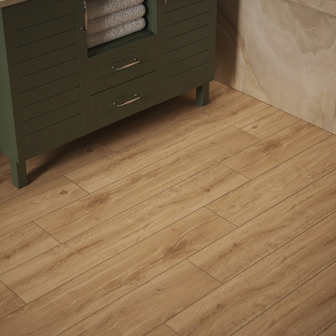 Sherwood Honeysuckle plank tiles in bathroom